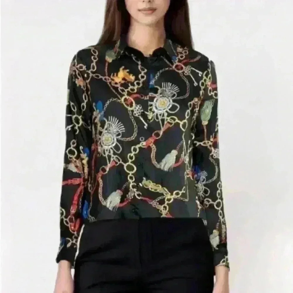 Haute Monde Chain Print Button Down Blouse Size Medium